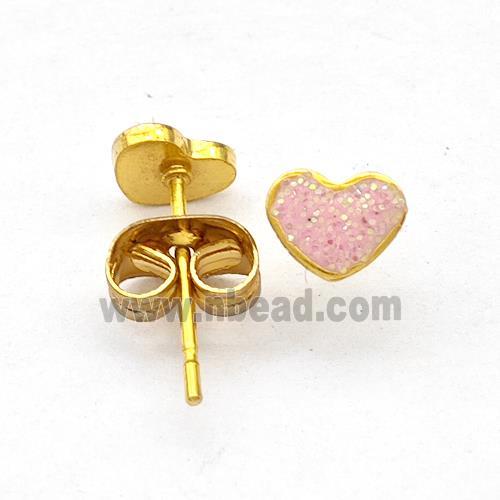 Stainless Steel Heart Stud Earring Pave Pink Fire Opal Gold Plated