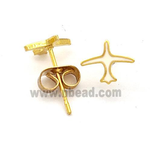 Stainless Steel Airplane Stud Earring White Enamel Gold Plated