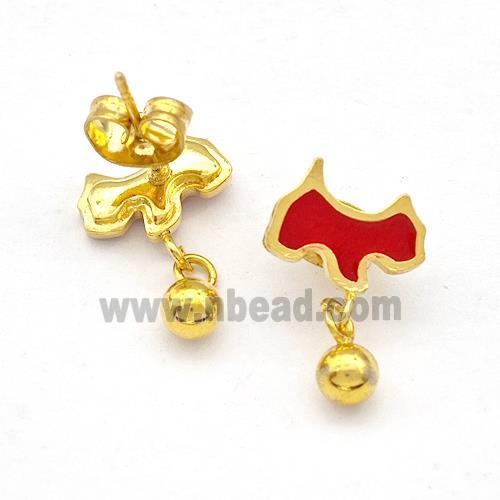 Stainless Steel Dog Stud Earring Red Enamel Gold Plated