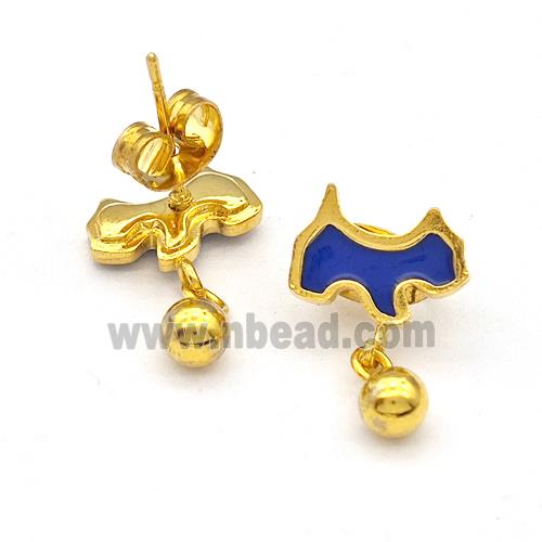 Stainless Steel Dog Stud Earring Blue Enamel Gold Plated