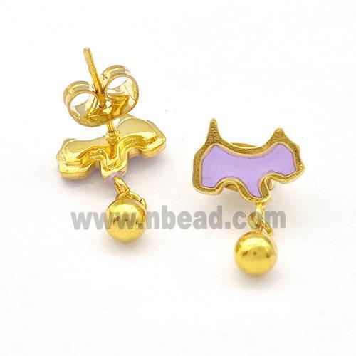Stainless Steel Dog Stud Earring Lavender Enamel Gold Plated