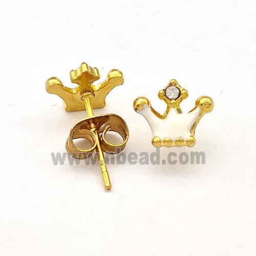 Stainless Steel Crown Stud Earring White Enamel Gold Plated