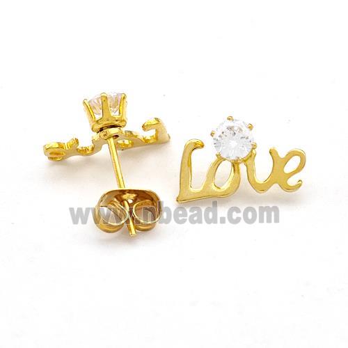 Stainless Steel Love Stud Earring Pave Rhinestone Gold Plated