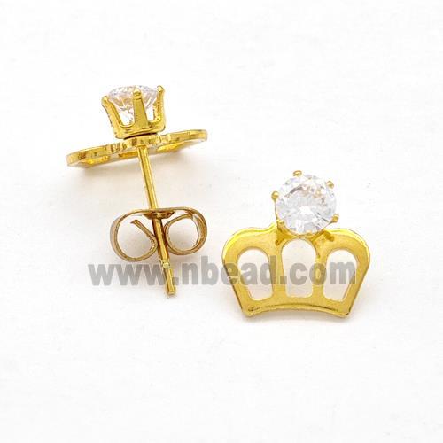 Stainless Steel Crown Stud Earring Pave Rhinestone Gold Plated
