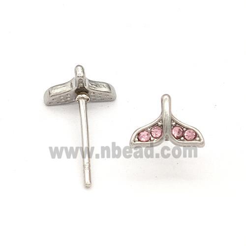 Raw Stainless Steel Stud Earring Pave Pink Rhinestone Shark-tail