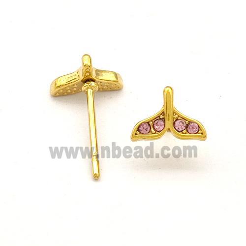 Stainless Steel Stud Earring Pave Pink Rhinestone Shark-tail Gold Plated