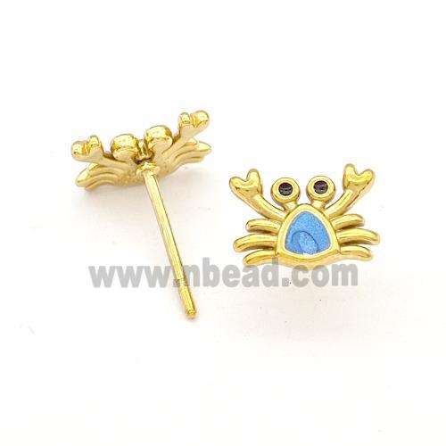 Stainless Steel Crab Stud Earring Blue Enamel Gold Plated