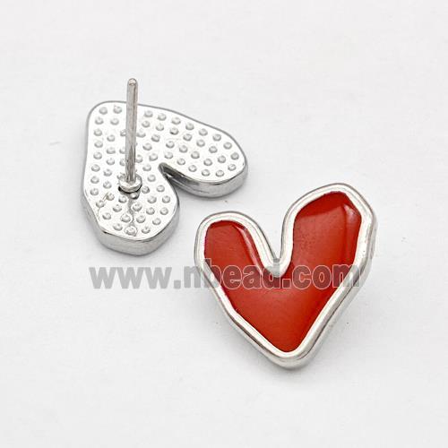 Raw Stainless Steel Heart Stud Earring Red Enamel