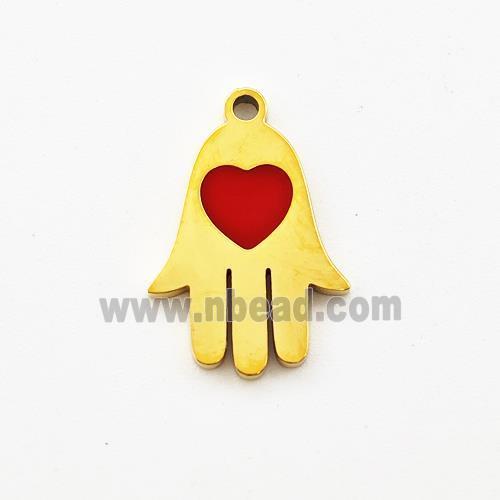 Stainless Steel Hand Pendant Red Enamel Heart Gold Plated
