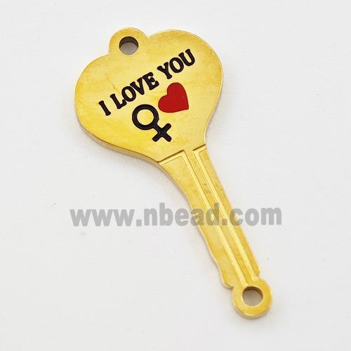 Stainless Steel Key Charms Pendant Heart Red Enamel Gold Plated