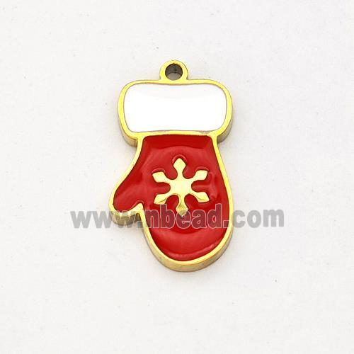 Christmas Mitten Charms Stainless Steel Pendant Red Enamel Gold Plated