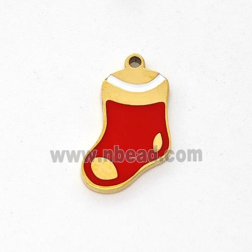 Christmas Stocking Charms Stainless Steel Pendant Red Enamel Gold Plated