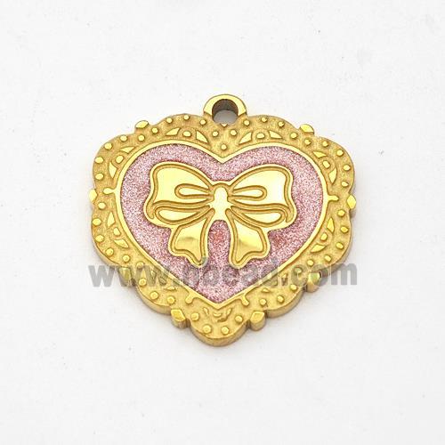 Stainless Steel Heart Pendant Bowknot Pink Painted Gold Plated