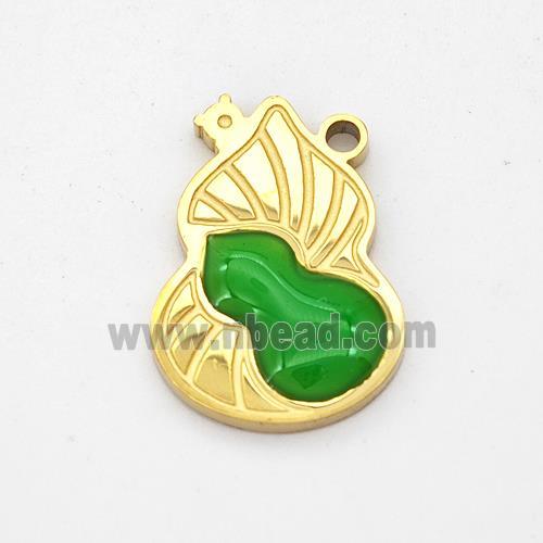 Stainless Steel Gourd Pendant Green Enamel Gold Plated