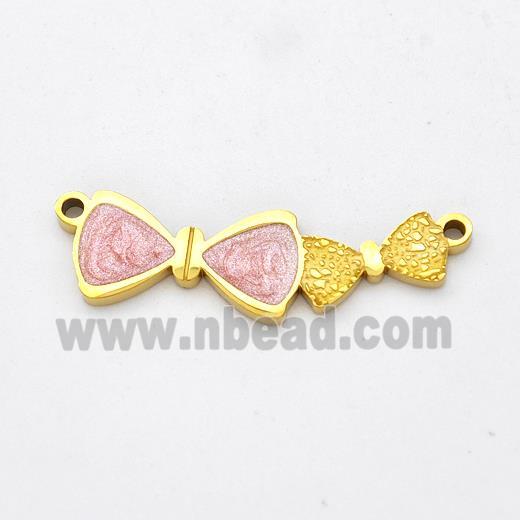 Stainless Steel Bowknot Pendant Pink Painted 2loops Gold Plated