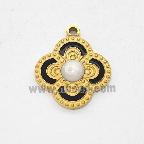 Stainless Steel Clover Pendant Black Enamel Gold Plated