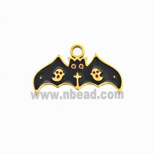 Halloween Bat Charms 304 Stainless Pendant Black Enamel Ghost Gold Plated