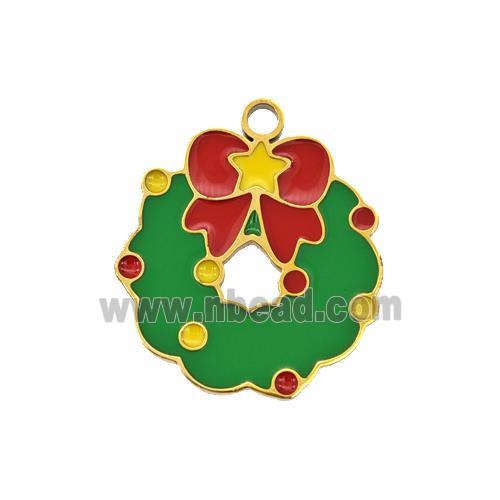 Christmas Wreath Charms 304 Stainless Steel Pendant Enamel Gold Plated