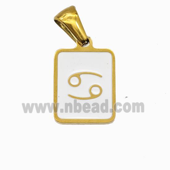 Stainless Steel Symbol Pendant Zodiac Cancer White Enamel Rectangle Gold Plated