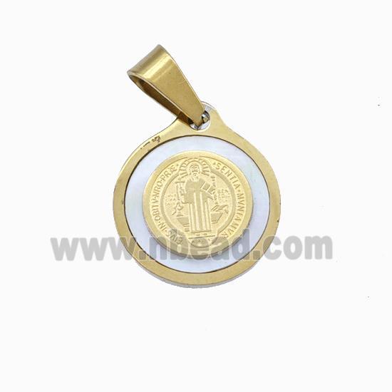 Jesus Charms Stainless Steel Circle Pendant Pave Shell Gold Plated