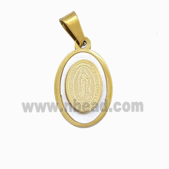 Virgin Mary Charms Stainless Steel Oval Pendant Pave Shell Gold Plated