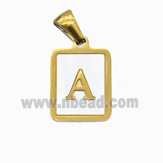 Stainless Steel Rectangle Pendant Pave Shell Letter-A Gold Plated