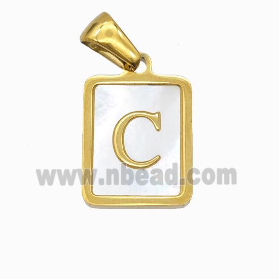 Stainless Steel Rectangle Pendant Pave Shell Letter-C Gold Plated