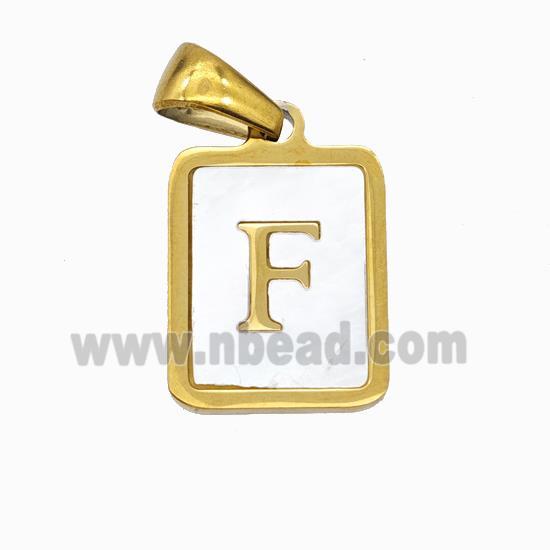 Stainless Steel Rectangle Pendant Pave Shell Letter-F Gold Plated