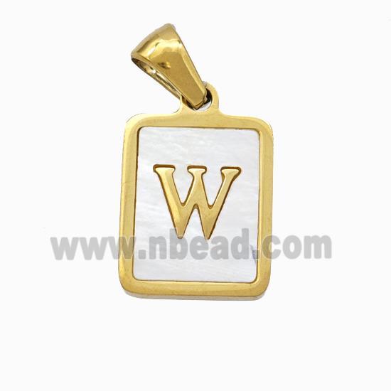 Stainless Steel Rectangle Pendant Pave Shell Letter-W Gold Plated