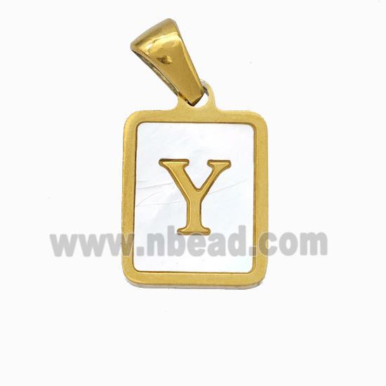 Stainless Steel Rectangle Pendant Pave Shell Letter-Y Gold Plated