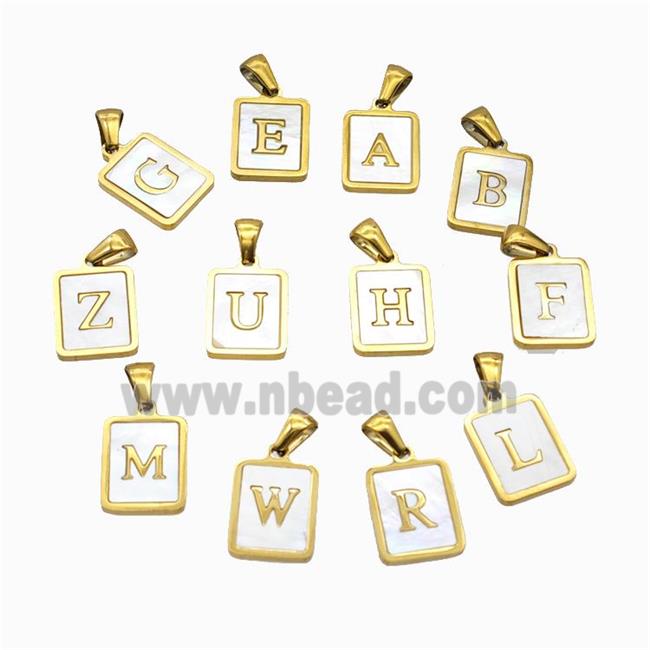 Stainless Steel Rectangle Alphabet Pendant Pave Shell Gold Plated Mix Letters