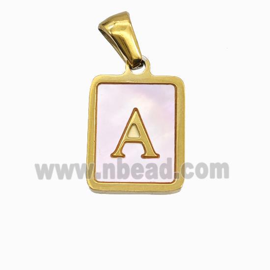 Stainless Steel Rectangle Pendant Pave Pink Shell Letter-A Gold Plated