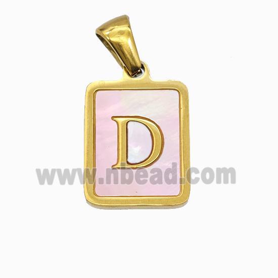 Stainless Steel Rectangle Pendant Pave Pink Shell Letter-D Gold Plated