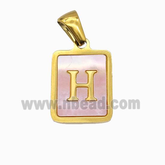 Stainless Steel Rectangle Pendant Pave Pink Shell Letter-H Gold Plated