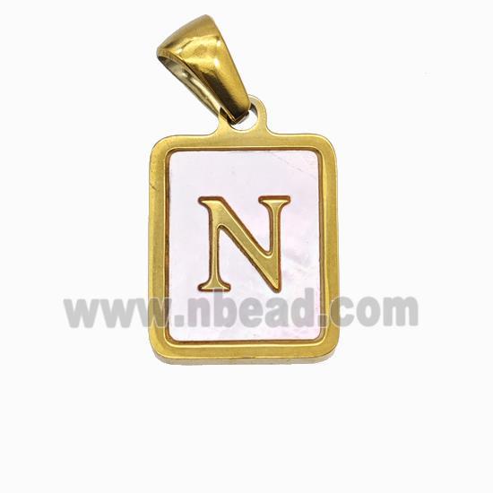 Stainless Steel Rectangle Pendant Pave Pink Shell Letter-N Gold Plated