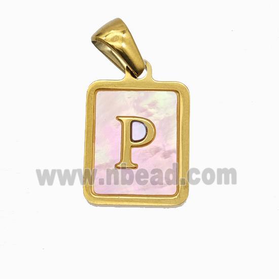 Stainless Steel Rectangle Pendant Pave Pink Shell Letter-P Gold Plated