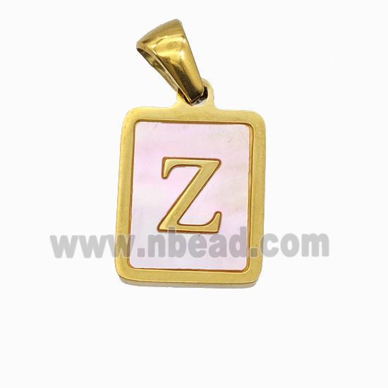 Stainless Steel Rectangle Pendant Pave Pink Shell Letter-Z Gold Plated