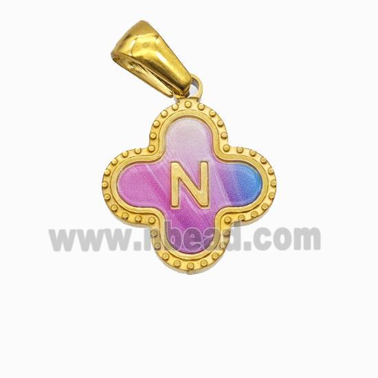 Stainless Steel Clover Pendant Letter-N Painted Gold Plated