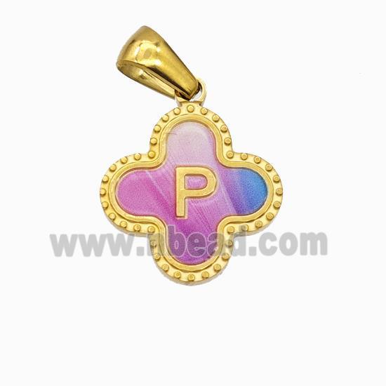 Stainless Steel Clover Pendant Letter-P Painted Gold Plated