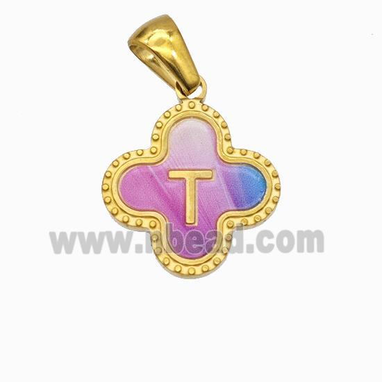 Stainless Steel Clover Pendant Letter-T Painted Gold Plated