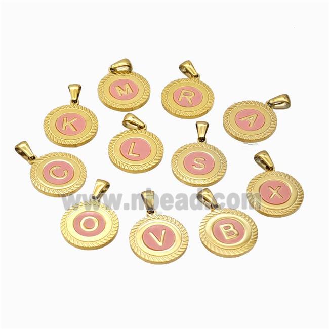 Stainless Steel Letter Pendant Pave Pink Shell Mix Alphabet Gold Plated