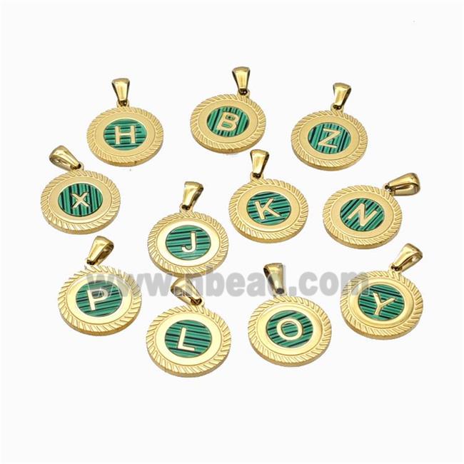 Stainless Steel Letter Pendant Pave Green Shell Mix Alphabet Gold Plated