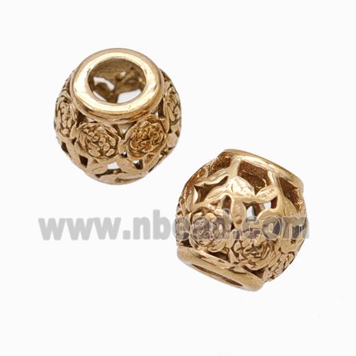 Titanium Steel Round Beads Large Hole Hollow Flower Rose Gold