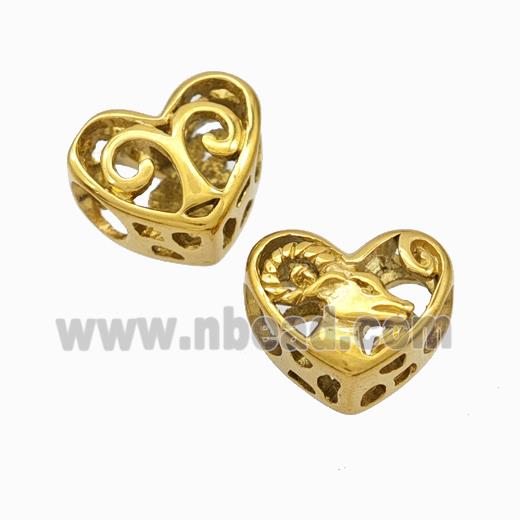 Titanium Steel Heart Beads Zodiac Aries Large Hole Hollow Gold Plated