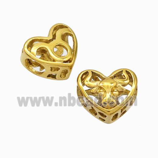 Titanium Steel Heart Beads Zodiac Taurus Large Hole Hollow Gold Plated