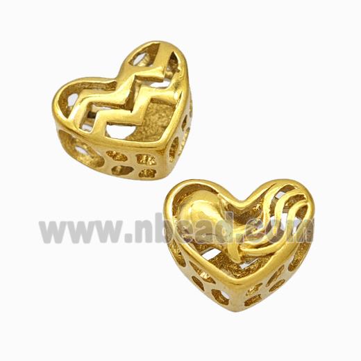 Titanium Steel Heart Beads Zodiac Aquarius Large Hole Hollow Gold Plated