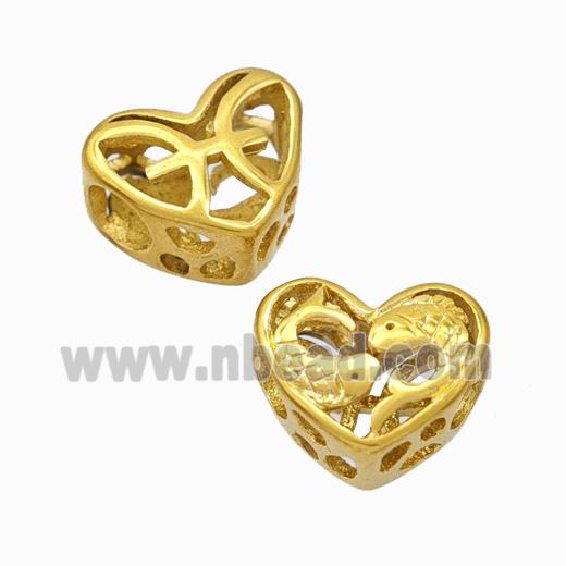 Titanium Steel Heart Beads Zodiac Pisces Large Hole Hollow Gold Plated