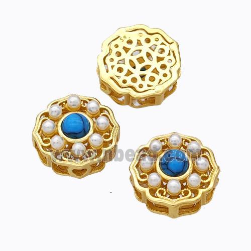 925 Sterling Silver Flower Beads Pave Pearlized Resin Hollow Gold Plated