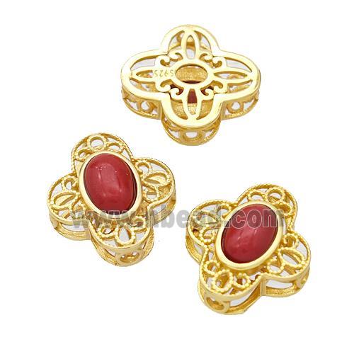 925 Sterling Silver Flower Beads Pave Coral Gold Plated