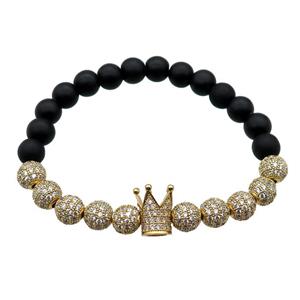 black matte Onyx Agate Bracelet with crown, stretchy, approx 8mm dia